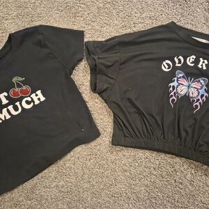 Black Graphic Crop Tops with Butterfly & Cherry Designs